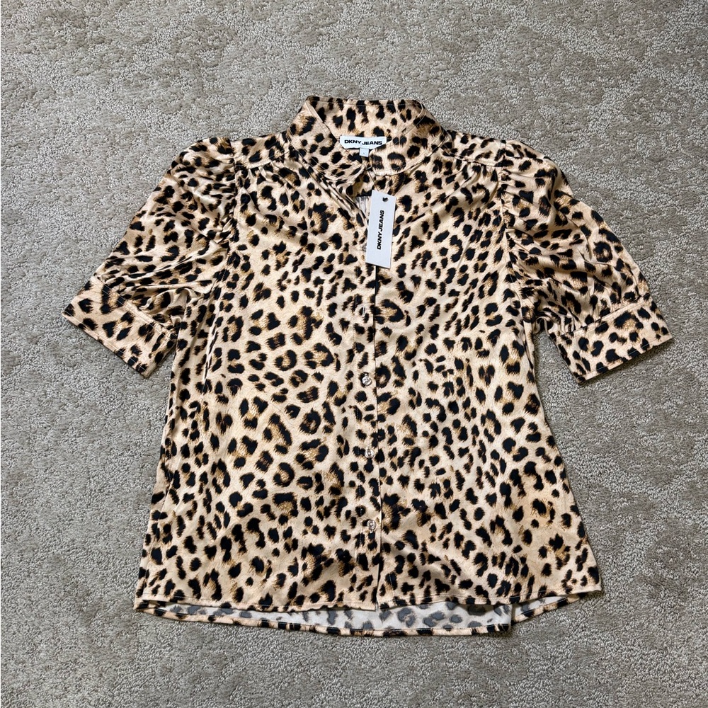 NWT DKNY Jeans Leopard Print Button-Front Top in Tan & Black